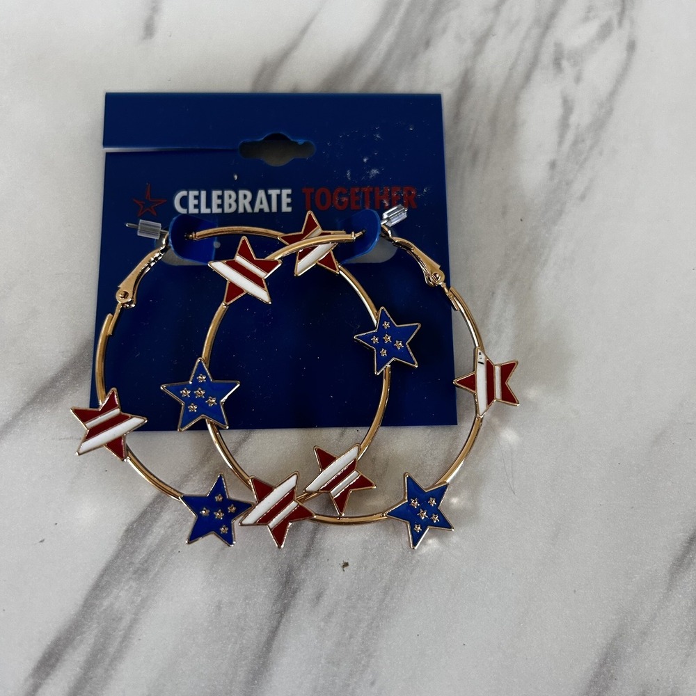 American Patriotic USA Flag Hoop Sparkle Earrings 4th‎ of July Independence Day